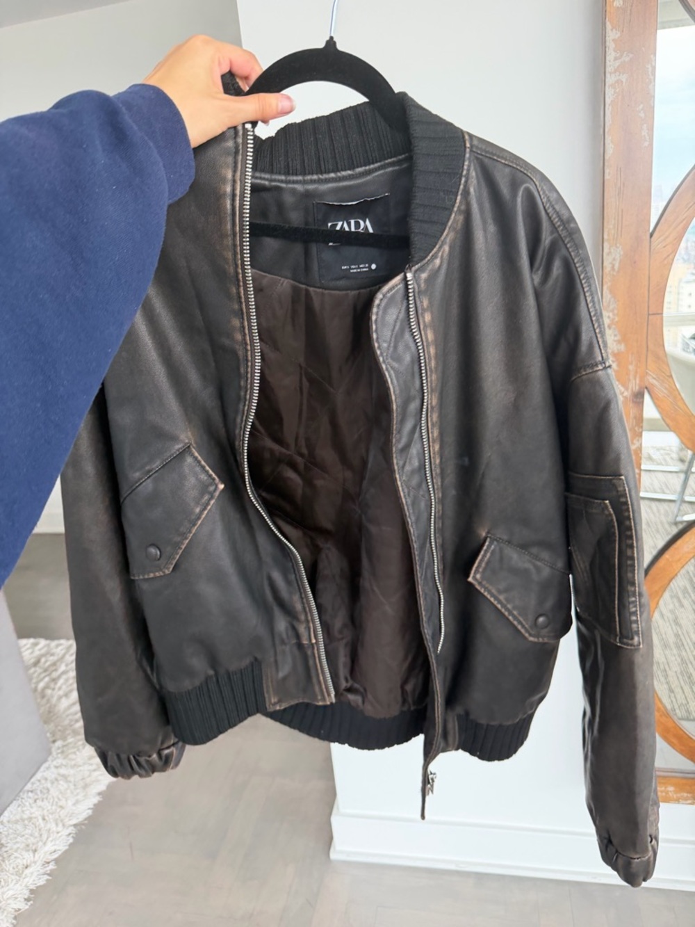 ZARA  Women’s Brown Distressed Vintage Leather Bomber Jacket